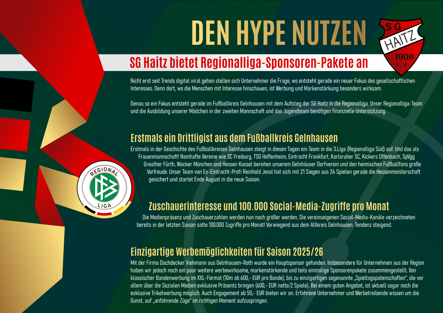 Seite 1 der Infobroschüre für Sponsorenpakete bei der SG Haitz